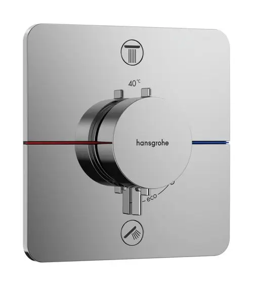 Thermostat von Hansgrohe mit einer runden Steuerung in Chrom. Enthält Temperatureinstellung bis 40 °C und Funktionen für zwei Verbraucher.
